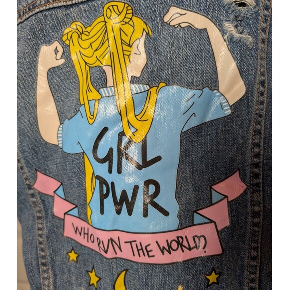 Abercrombie & Fitch Size L Denim Vest Custom "Girl Power" Sequins Distressed - Picture 9 of 13